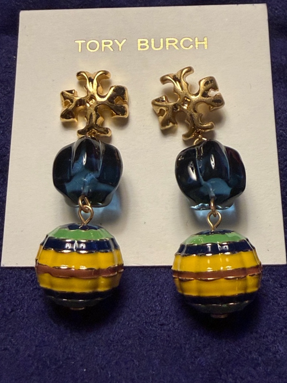 Tory Burch Roxanne Double Drop Statement blue resin earrings